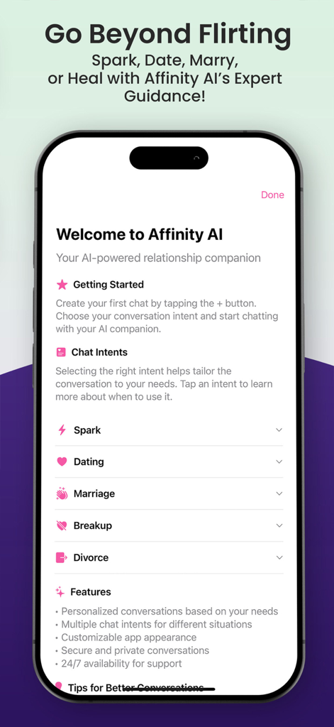 Affinity AI - Affinity AI app welcome screen showing relationship coaching modules for spark dating marriage breakup and divorce