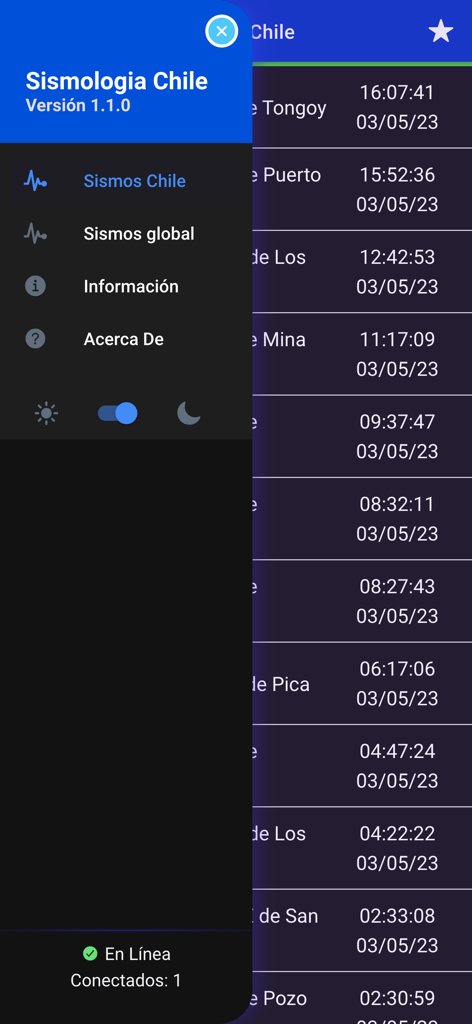 Sismología Chile - Side navigation menu of the Sismologia Chile app with options for Chilean and global earthquake reports