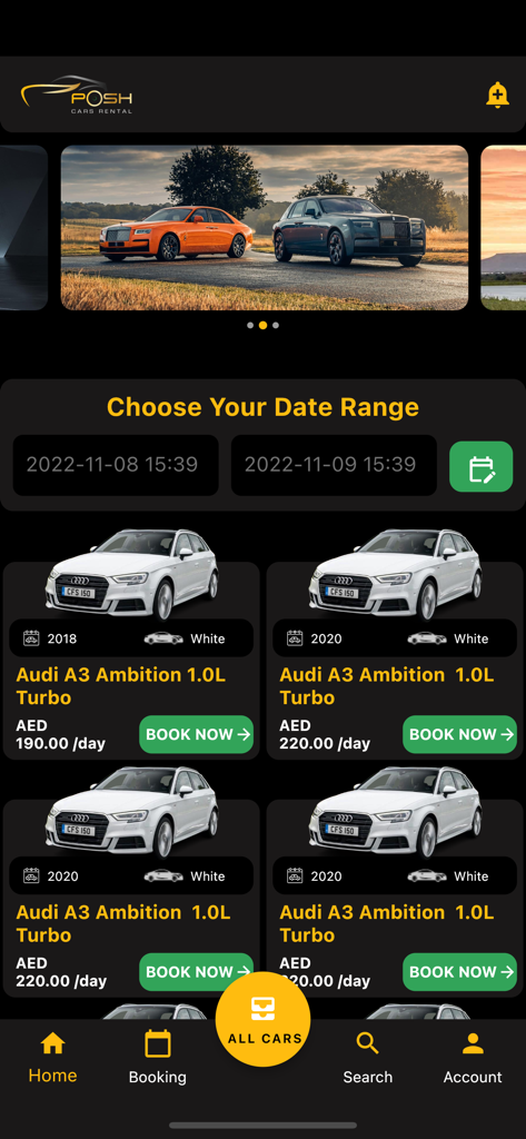 Interface of Posh Cars app displaying Audi car rental options and a booking date selection tool.