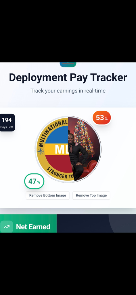 Deployment Pay Tracker interface with progress tracker and countdown