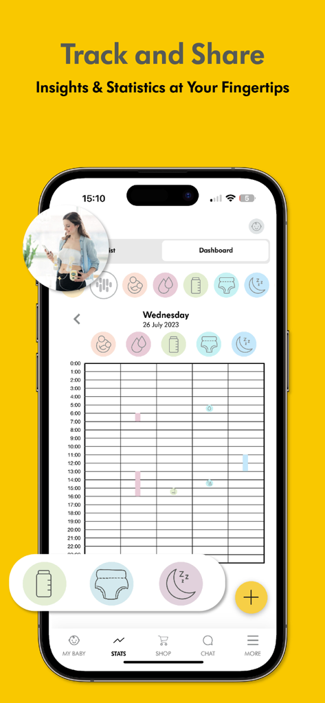 Medela Family - Breast Feeding - Medela Family app dashboard displaying baby health statistics and daily activity logs