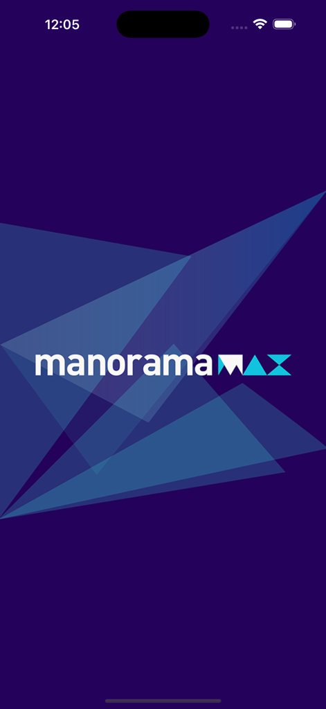 manoramaMAX - Malayalam Movies - Écran de démarrage de l'application manoramaMAX avec le logo sur un fond géométrique violet et bleu