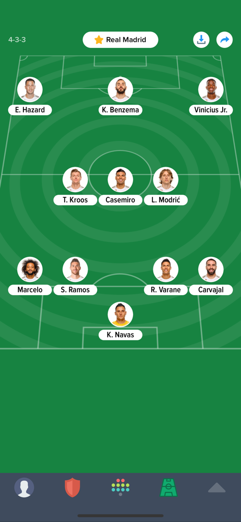 Tactics - Football Team Lineup - Visualisation de la composition 4-3-3 du Real Madrid avec des avatars de joueurs sur un terrain numérique