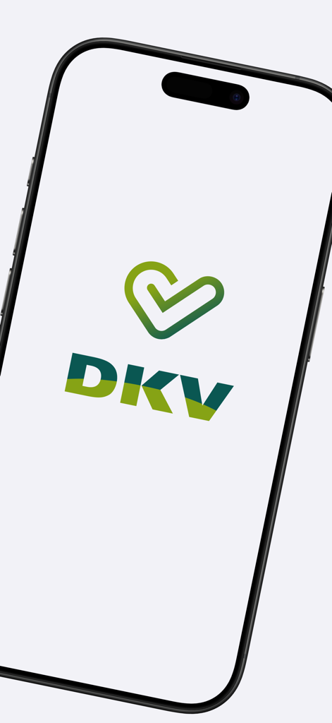 Pantalla de inicio de la aplicación Seguro DKV con el logo del corazón verde y el nombre de la marca en la pantalla de un smartphone blanco.