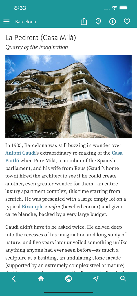 Barcelona Art & Culture - A screenshot from the Barcelona Art and Culture app featuring an in-depth description and photo of Antoni Gaudi's La Pedrera architectural masterpiece.