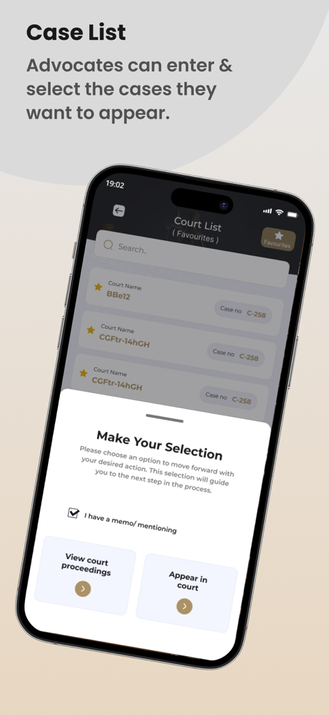 Vconsol Court HC Bombay - Vconsolアプリのインターフェイスで、事件リストと法廷審理を表示したり法廷に出頭したりするオプションが表示される。