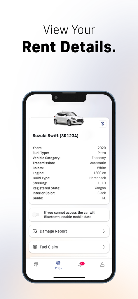 Yoma Car Share - Un'interfaccia di app mobile che visualizza i dettagli di noleggio di una Suzuki Swift bianca, comprese le specifiche del veicolo e le opzioni di rapporto sui danni.