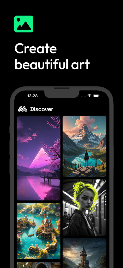 Mindscape AI - Art Generator - Mindscape AI app interface showing a gallery of AI-generated art including landscapes and portraits