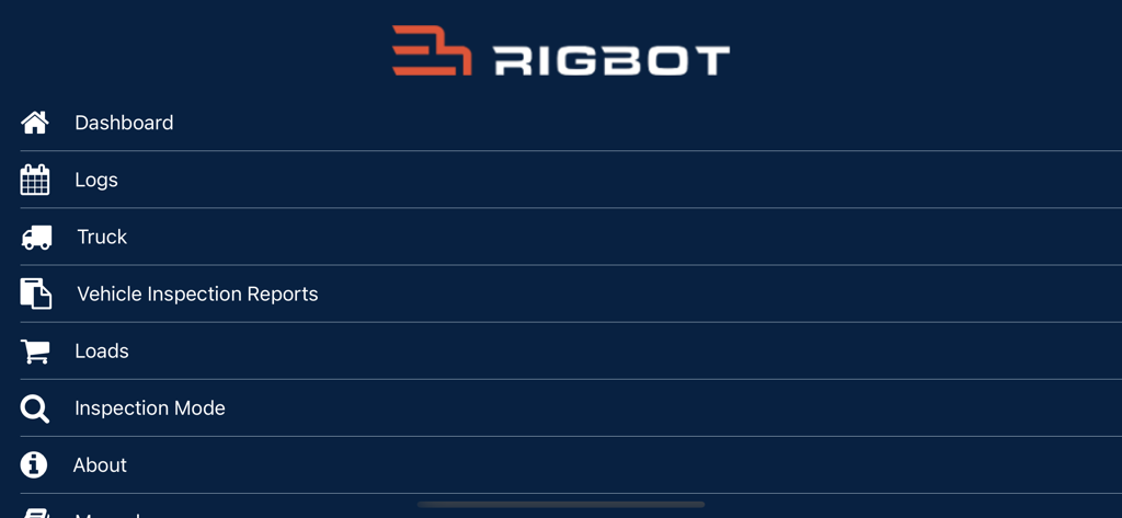 Rigbot ELD-App-Hauptnavigationsmenü für LKW-Fahrer