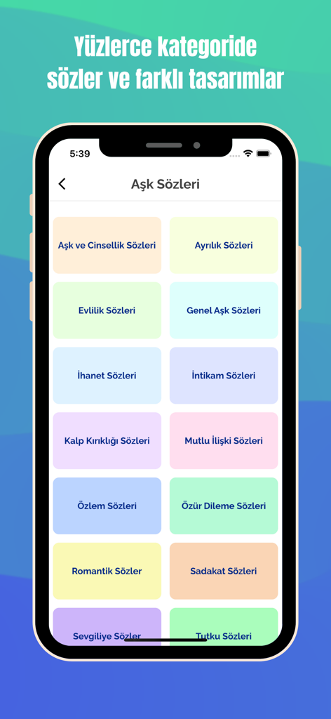 Aşk ve Sevgi Sözleri - Una pantalla de aplicación móvil que muestra una cuadrícula de varias categorías de citas de amor y afecto turcas como Ruptura, Matrimonio y Citas Románticas.