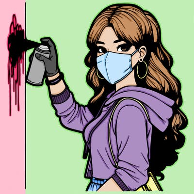 realistic girl with mask spray painting a wall