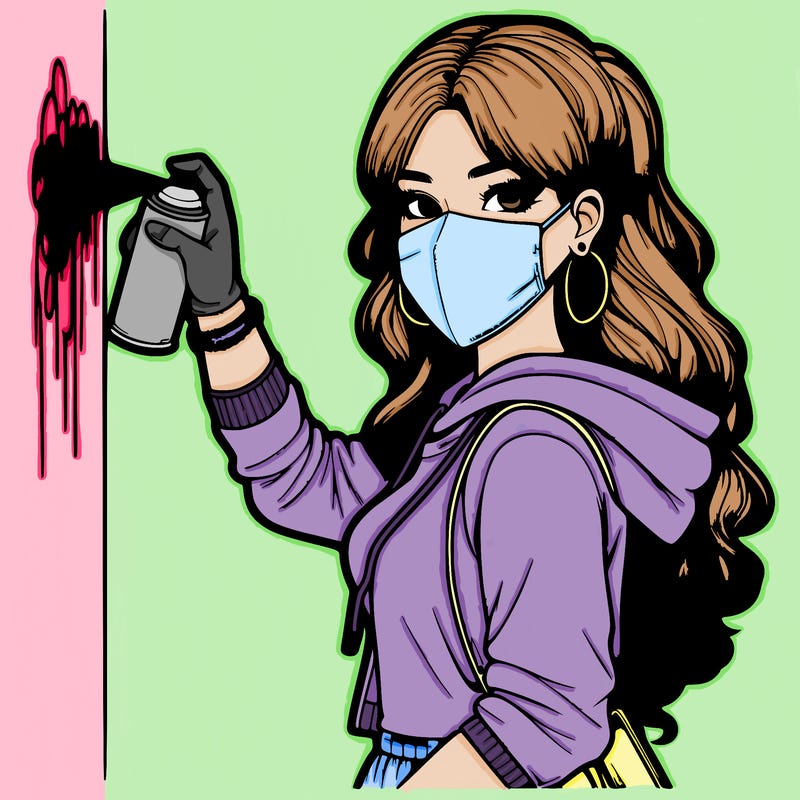 realistic girl with mask spray painting a wall