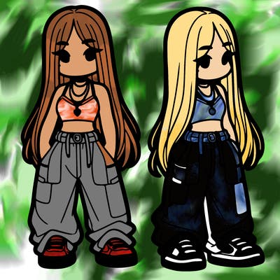 girl in baggy pants crop top and long hair