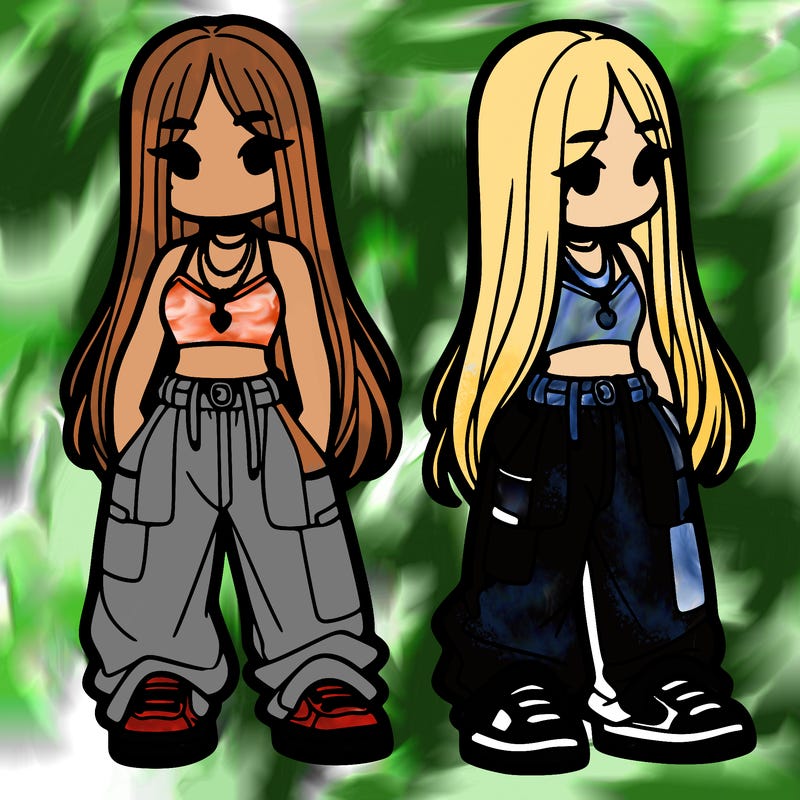 girl in baggy pants crop top and long hair