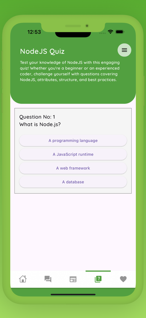 NodeJS Programming Guide - NodeJS Quiz-Bildschirm mit der Frage 'Was ist Nodejs' mit mehreren Auswahlmöglichkeiten.