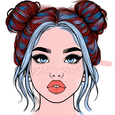 realistic girl with two buns on her hair and lips