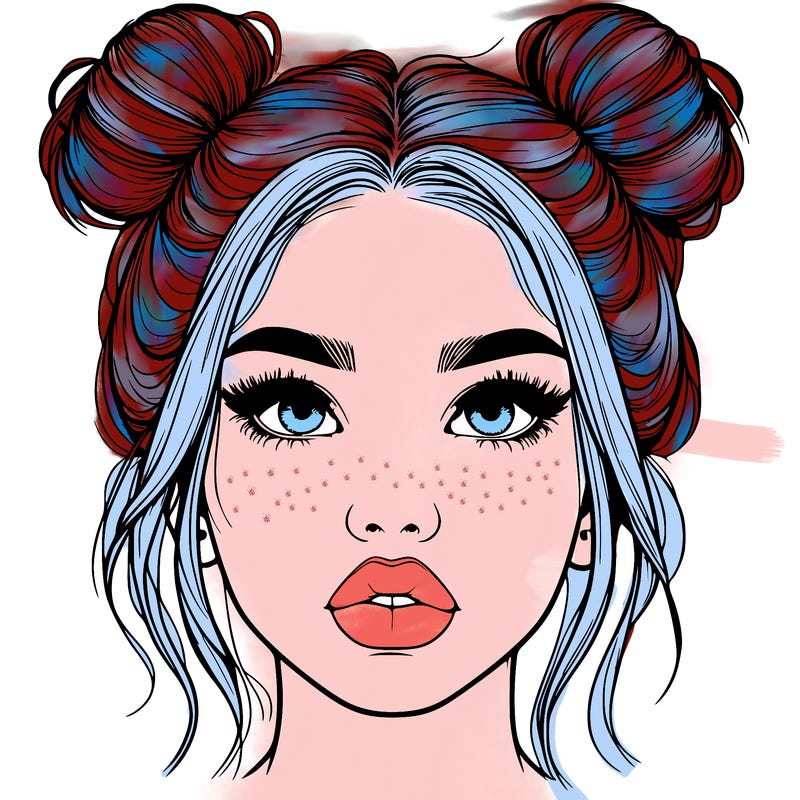 realistic girl with two buns on her hair and lips