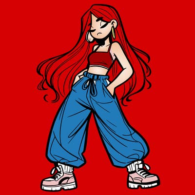 girl in baggy pants crop top and long hair