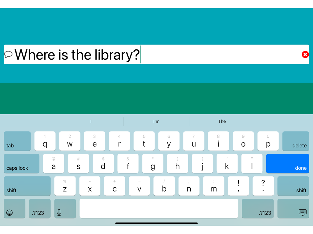 GoTalk® NOW - Schermata iPad che mostra l'app GoTalk NOW con una tastiera e la frase digitata Dov'è la biblioteca?