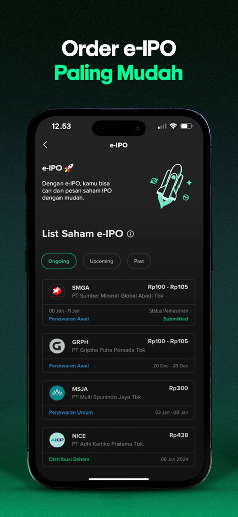 Stockbit mobile app interface showing a list of ongoing e-IPO opportunities on the Indonesian Stock Exchange
