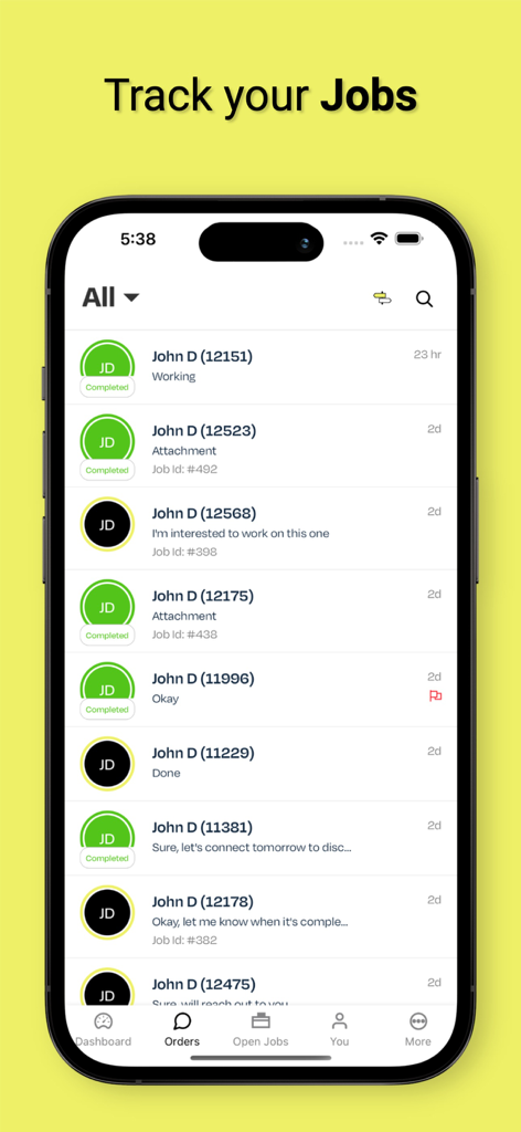 Book An Artist - A screenshot of the Book An Artist mobile app interface showing a list of active and completed art commissions for a freelance artist.