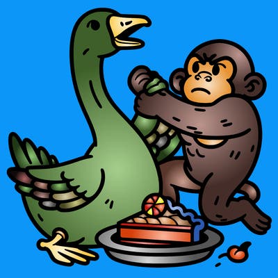 a strong goose fitting with a strong monkey over a piece of pie