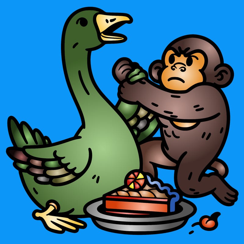 a strong goose fitting with a strong monkey over a piece of pie