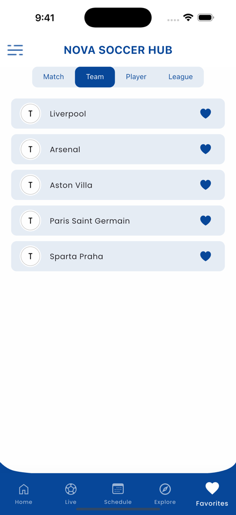Nova Soccer Hub app screen displaying the Favorites tab with a list of favorite soccer teams including Liverpool and Arsenal.