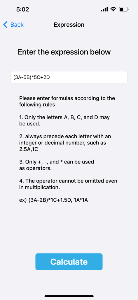 n Matrix Calculator - Interface of the n Matrix Calculator app showing rules and input field for calculating complex matrix expressions using variables A B C and D.