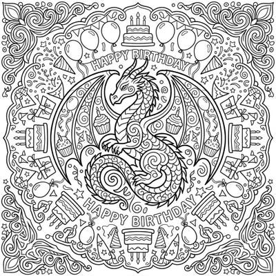Unleash your creativity with this magnificent Dragon Mandala Birthday coloring page, featuring a powerful dragon amidst festive celebration elements. Perfect for adding a magical touch to any birthday and enjoying hours of relaxing, artistic fun.