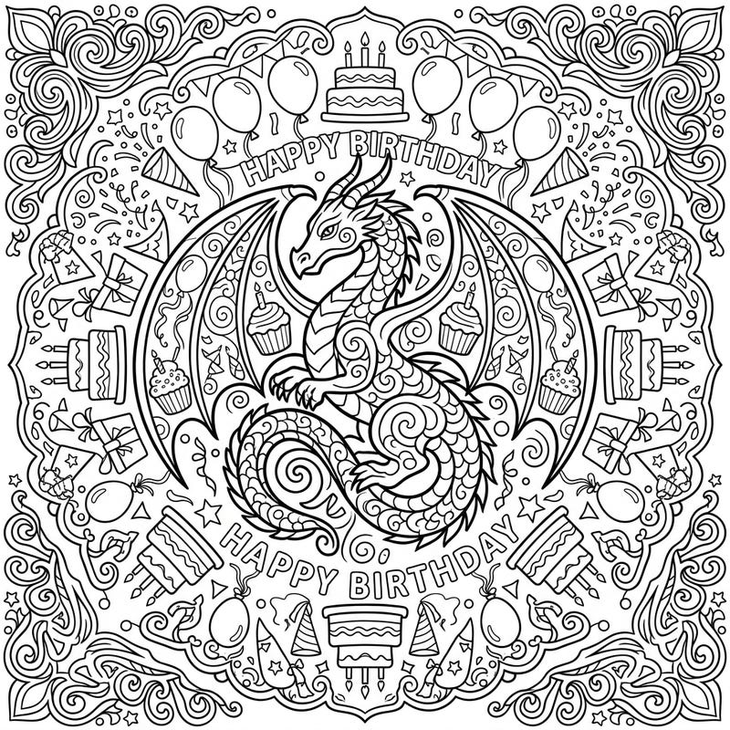 Unleash your creativity with this magnificent Dragon Mandala Birthday coloring page, featuring a powerful dragon amidst festive celebration elements. Perfect for adding a magical touch to any birthday and enjoying hours of relaxing, artistic fun.