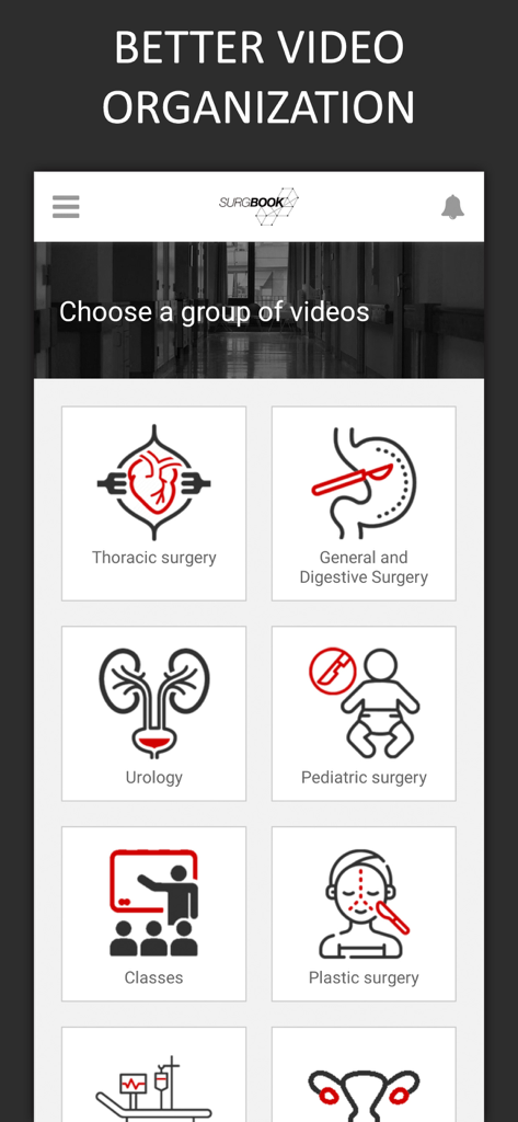SurgBook app interface displaying organized video categories for various surgical specialties like Thoracic and Pediatric surgery