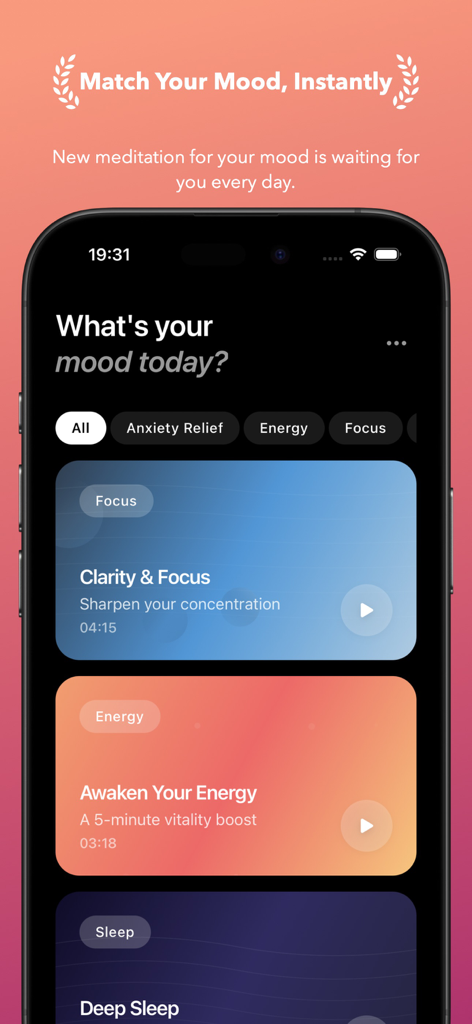 Minday: Daily Meditation - Schermata dell'app Minday che mostra sessioni di meditazione giornaliere curate per stati d'animo come chiarezza ed energia.