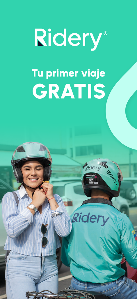 Ridery: Safety rides - Promotional image for Ridery showing a woman putting on a helmet for her first free motorcycle ride.