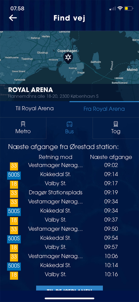 Royal Arena app navigation screen showing bus departure times from Orestad station