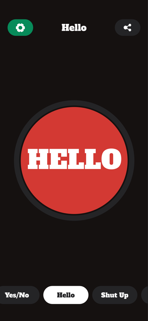 A mobile app interface featuring a large red button with the word HELLO in white text for sound playback.