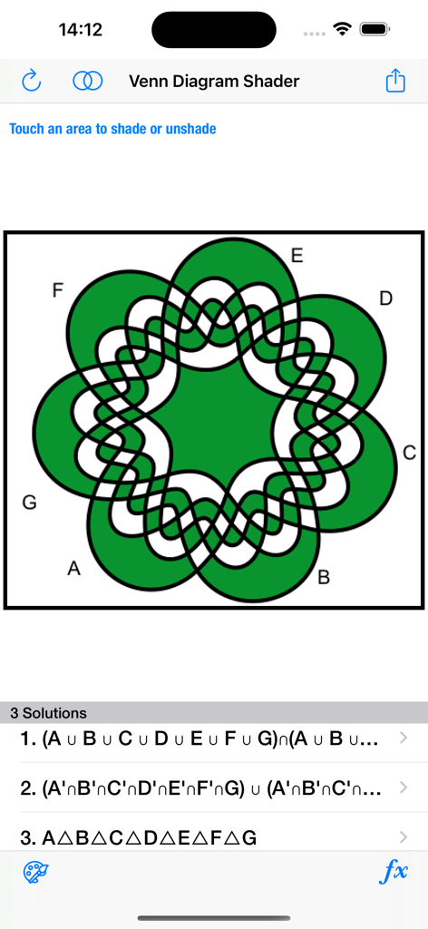 Venn Diagram Shader - Un diagrama de Venn complejo de 7 conjuntos sombreado con expresiones de notación de conjuntos en la aplicación Shader de Diagramas de Venn