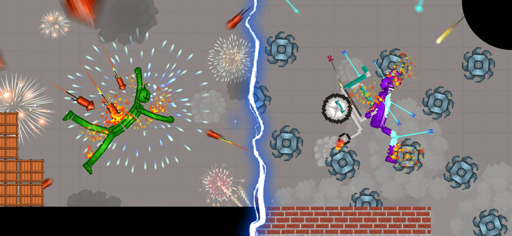 Monster Melon Playground Mod - A split screen showing pixel art ragdoll characters in a physics sandbox game with explosions and mechanical saw blades.