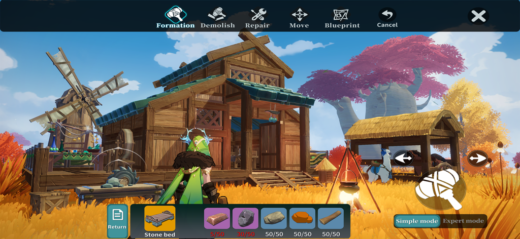 Dawnlands - Dawnlands gameplay showing a character building a wooden house and windmill with the crafting interface visible