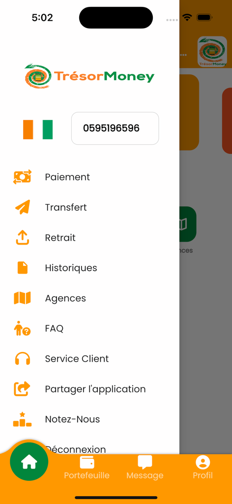 TRESOR MONEY mobile app side menu showing financial services including payments and transfers