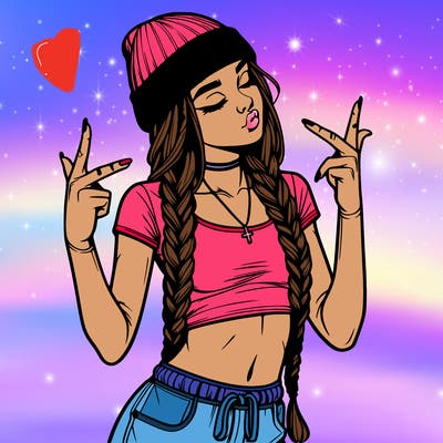 realistic teenage girl with braids and a beanie and crop top doing 🫶🏼