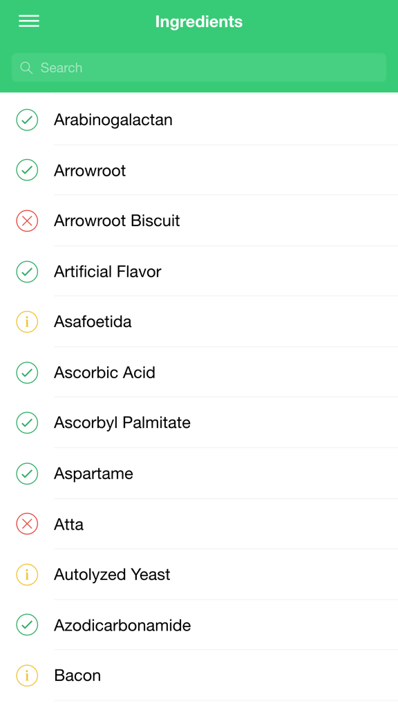 Gluten Free 24/7 - 글루텐 안전 상태 아이콘을 보여주는 검색 가능한 성분 목록