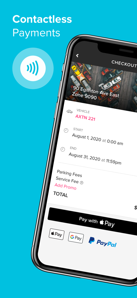 Smartphone screen showing HonkMobile app checkout with options to pay for parking via Apple Pay, Google Pay, and PayPal.