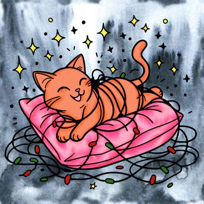 a cat happily tangled in glowing lights, lounging on a big cushion, clean lines, simple design, uncomplicated, tatoo desing