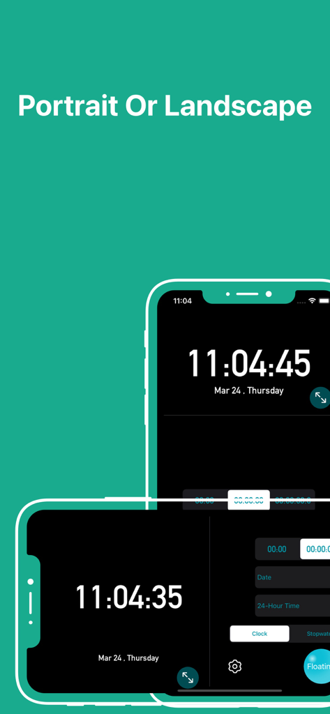 iPhoneでポートレートモードとランドスケープモードの両方で表示されたフローティングクロックアプリのインターフェイス