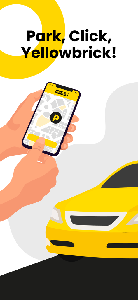 Yellowbrick Parking - A hand holding a smartphone displaying the Yellowbrick parking app next to a yellow car