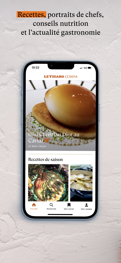 Le Figaro Cuisine - Le Figaro Cuisine mobile app displaying gourmet French recipes and chef portraits