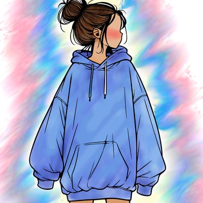 realistic girl with a oversized sweatshirt on and a bun