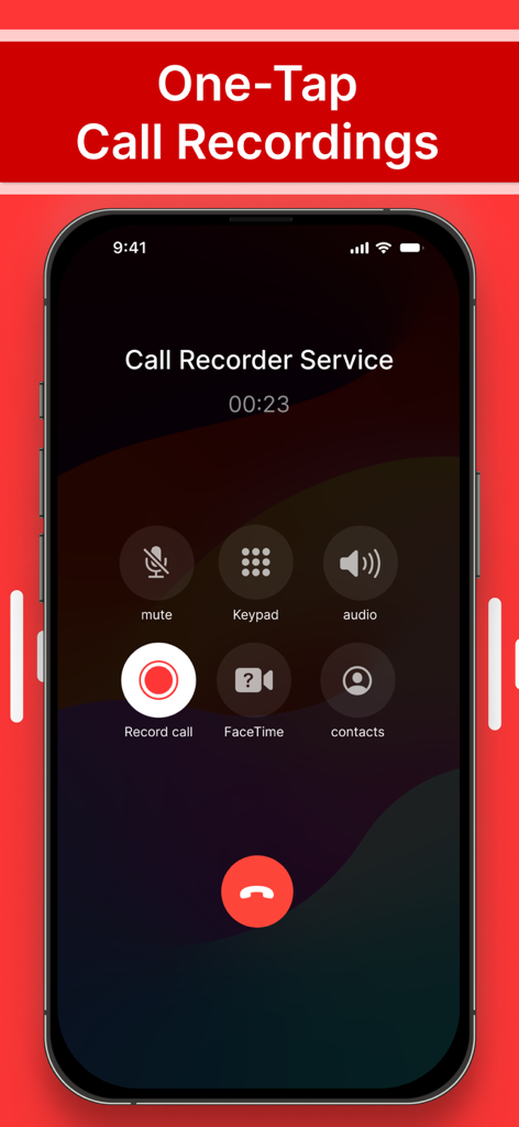Call Recorder - Record Calls © - Oberfläche der Call Recorder App für das iPhone, die die Ein-Tipp-Aufnahmetaste während eines aktiven Anrufs zeigt.