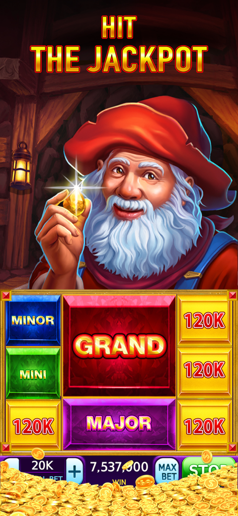 Slots: Vegas Casino Slot Games - Una schermata di gioco di slot da casinò a tema minerario con un personaggio nano che tiene una gemma e un annuncio di grande jackpot con mucchi di monete d'oro.